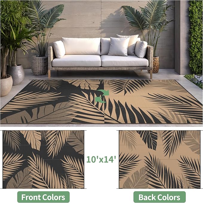 Outdoor Rug 10’x14’ Waterproof for Patio Clearance, Reversible Indoor Outdoor Plastic Straw Camping Rug Carpet, RV Mat, Large Area Rug for Deck, Backyard, Balcony, Porch, Beach, Black & Brown