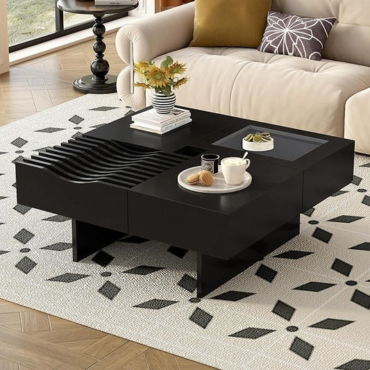 WILLIAMSPACE 33" Square Coffee Table with 3 Drawers, Modern Unique Wooden Center Table with Tempered Glass and Solid Wood Legs, Storage Accent Side End Table for Living Room Apartment, Black