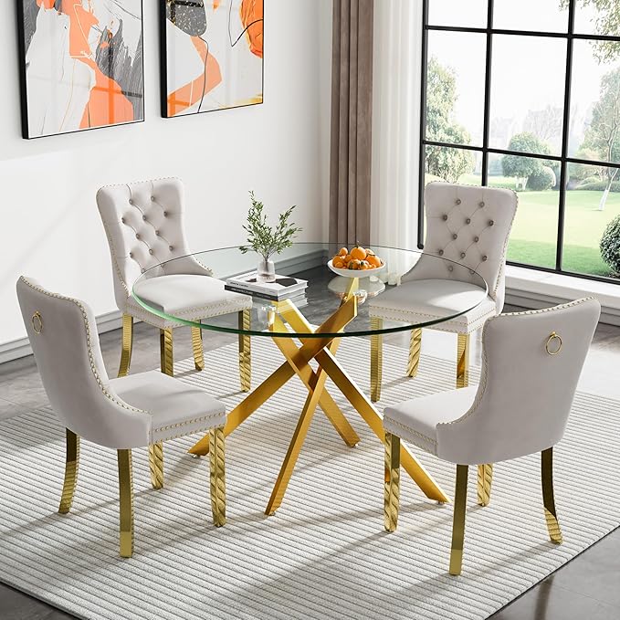 Goujxcy Round Dining Table Set for 4, Modern Glass Kitchen Table and Chairs Set of 4, 5-Piece Dining Room Table Set w/47 Circle Gold Glass Dining Table and 4 Upholstered Velvet Chairs
