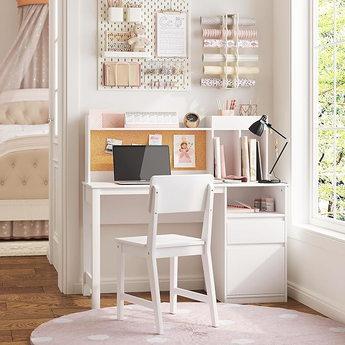 Spirich Kids Desk and Chair Sets, Kids Study Desk Set with Hutch and Storage, Children Wooden Study Table for 5-12 Years Old, Student Writing Table Computer Workstation