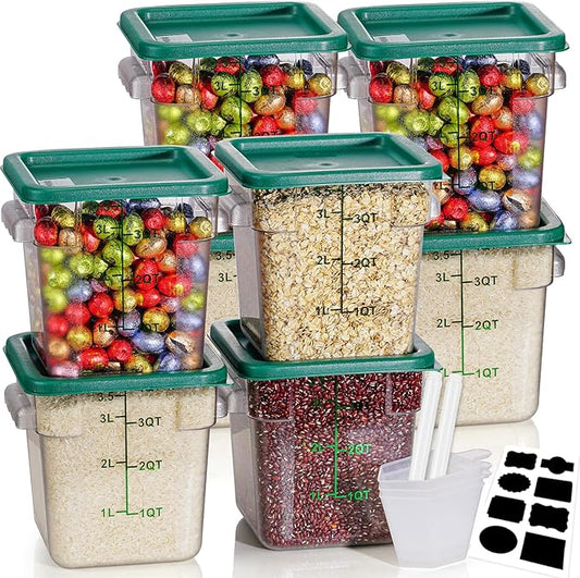 4QT NSF Food Storage Containers: 8 PCS [Food Grade][Hot&Cold Resistant] Commercial Clear Square Food Storage Containers with Scales Handles for Home Restaurant Kitchen Proof Dough(BPA FREE-GREEN)