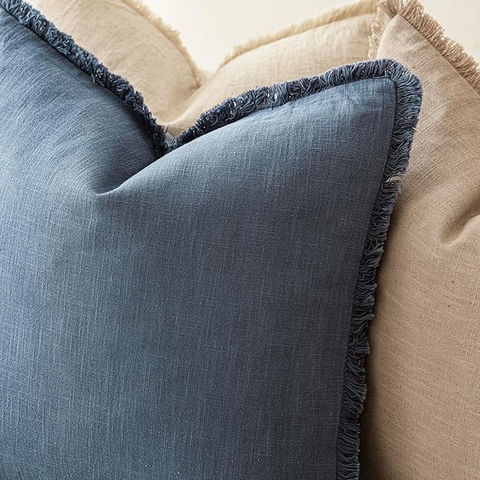 Foindtower Set of 2 Decorative Linen Fringe Throw Pillow Covers Cozy Farmhouse Cushion Cover with Tassels Accent Pillowcase for Couch Chair Sofa Bed Living Room Home Decor,22×22 Inch,Dark Blue