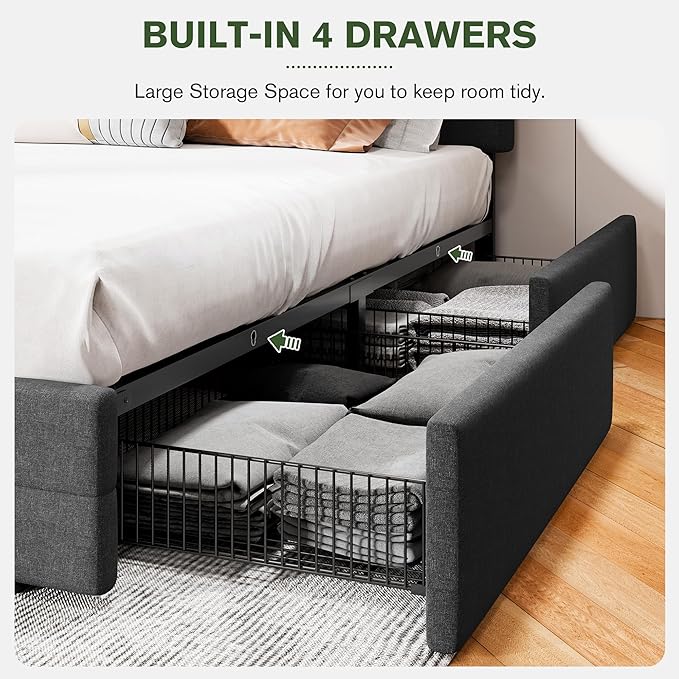MUTICOR Queen Size Bed Frame with 4 Storage Drawers, Upholstered Platform Bed with Button Tufted Adjustable Headboard, No Box Spring Needed, Easy Assembly, Square Tufted, Dark Grey Fabric