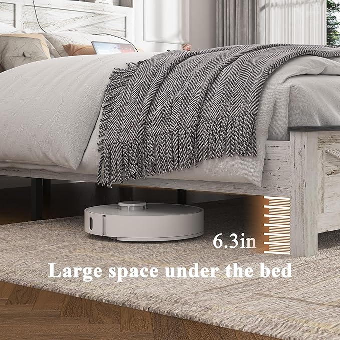 Farmhouse Wooden Bed Frame Queen Size with Storage Headboard, Boho Platform Bedframe with LED Lights and Charging Station, Metal Slats Support, No Box Spring Needed, White