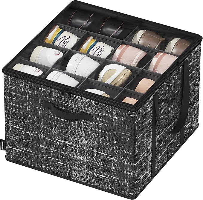 SONGMICS Shoe Organizer for Closet, Fits 16 Pairs, Shoe Storage Bin, Fabric Container with Handles and Clear Cover, for Bedroom, Entryway, Closet, Ink Black ULSP601B01