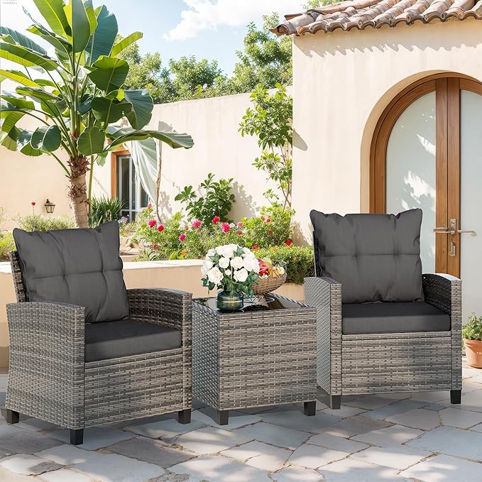 Vongrasig 3 Piece Patio Furniture Set Small Outdoor Wicker Rattan Front Porch Bistro Set Cushioned Patio Chairs Conversation Set with Glass Table for Lawn, Garden, Backyard, Balcony, Poolside (Gray)