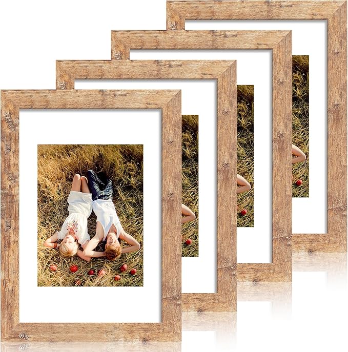 8x12 Picture Frame Set of 4 with High Definition Real Glass, Display 6x8 Pictures with Mat or 8 x 12 Without Mat, Rustic Brown Photo Frames for Tabletop and Wall Mounting