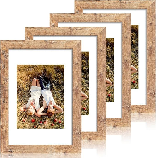 8x12 Picture Frame Set of 4 with High Definition Real Glass, Display 6x8 Pictures with Mat or 8 x 12 Without Mat, Rustic Brown Photo Frames for Tabletop and Wall Mounting