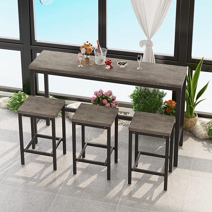Harper & Bright Designs 4-Piece Dining Table Set, 60.2" L Solid Wood Dining Table with 3 Stools and Metal Frame for Kitchen Dining Room, Grey Brown