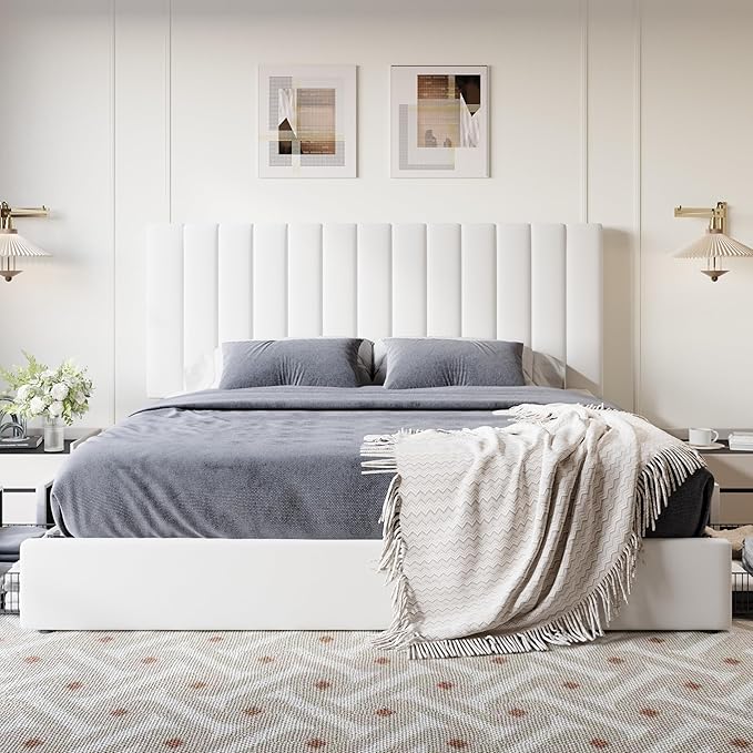 SHA CERLIN King Size Platform Bed Frame with 4 Storage Drawers, Vertical Channel Tufted Adjustable Headboard, Velvet Upholstered, Wooden Slats Support, No Box Spring Needed, Easy Assembly, White