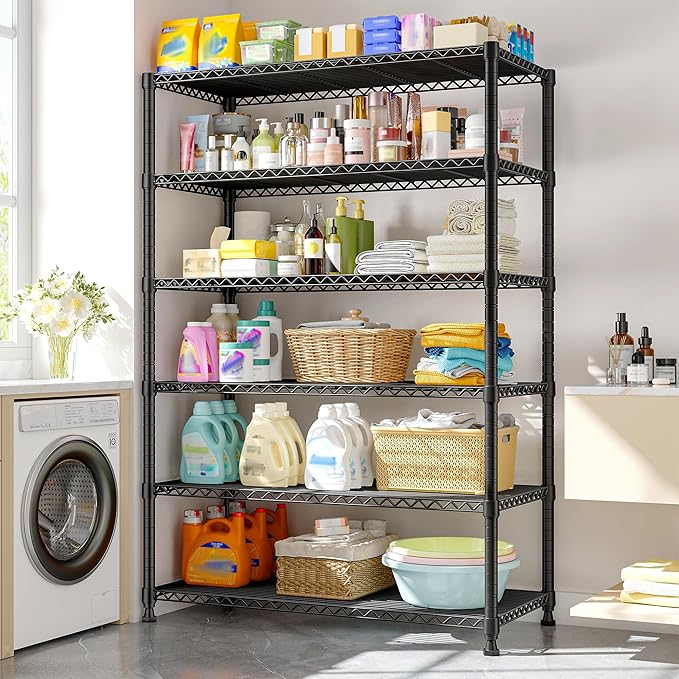 REIBII 75" H Metal Shelving 6 Tier Storage Shelf Adjustable Kitchen Shelf Wire Shelving Unit Detachable Storage Rack for Kitchen Laundry Living Room Commercial Heavy Duty Metal Shelf 75" X35" X14"