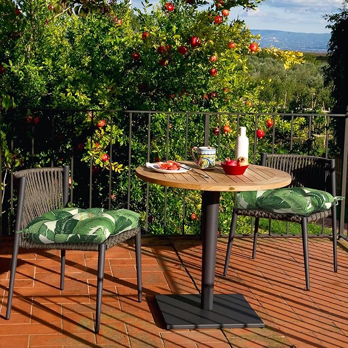 Set of 2 Outdoor Tufted Chair Cushions 19"x19"x4", Water Repellent Patio Seat Cushions with Ties, Replacement Chair Pads for Wicker Dining and Patio Furniture - Swaying Palms Green