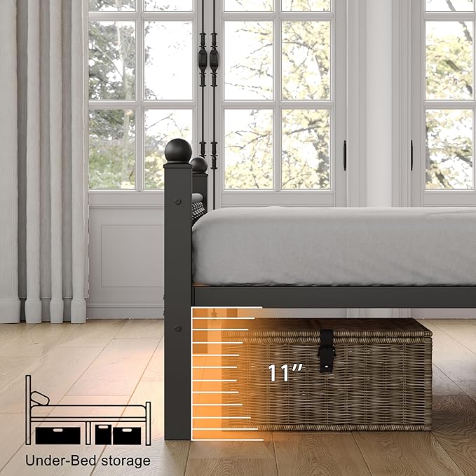 Full Bed Frame with Smart LED Lights, Storage Headboard and USB Charging Station,Heavy Duty Wooden Slats, No Box Spring Needed, Noise Free, Easy Assembly (Retro Black, Full)