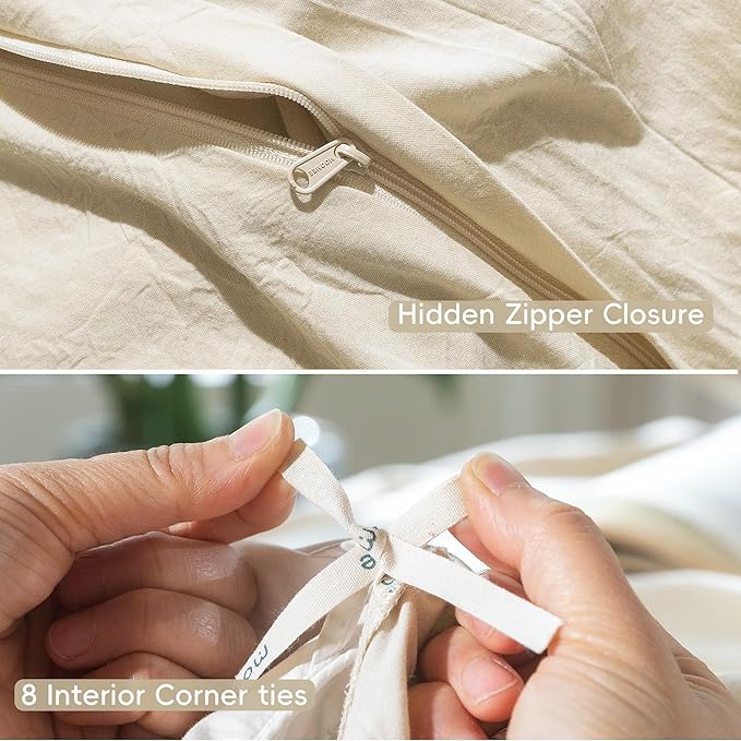 MooMee Bedding Duvet Cover Set 100% Washed Cotton Linen Like Textured Breathable Durable Soft Comfy (Heathered Almond Milk Grey, King 104"x90")