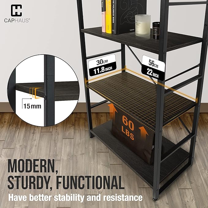 CAPHAUS 4 Tier Bookshelf, 24 Inch Width Free Standing Shelf, Bookcase Shelf Storage Organizer, Industrial Book Shelves for Home Office, Living Room, Kitchen, Black Vintage Shelves & Metal Frame