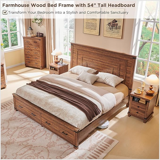 RedLemon Farmhouse King Size Bed Frame w/ 54" Tall Geometric Headboard, Rustic Wood Platform Bed w/ 2 Large Storage Drawers, Wood Slats Support, Noise Free, No Box Spring Needed, Reclaimed Barnwood