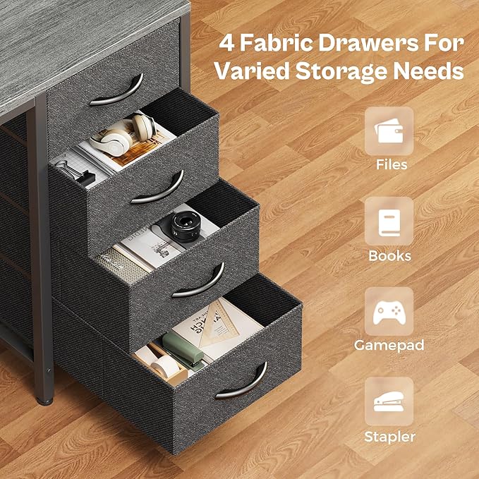 Huuger 55 inch Computer Desk with 4 Drawers, Gaming Desk with LED Lights & Power Outlets, Home Office Desk with Large Storage Space for Bedroom, Work from Home, Gray