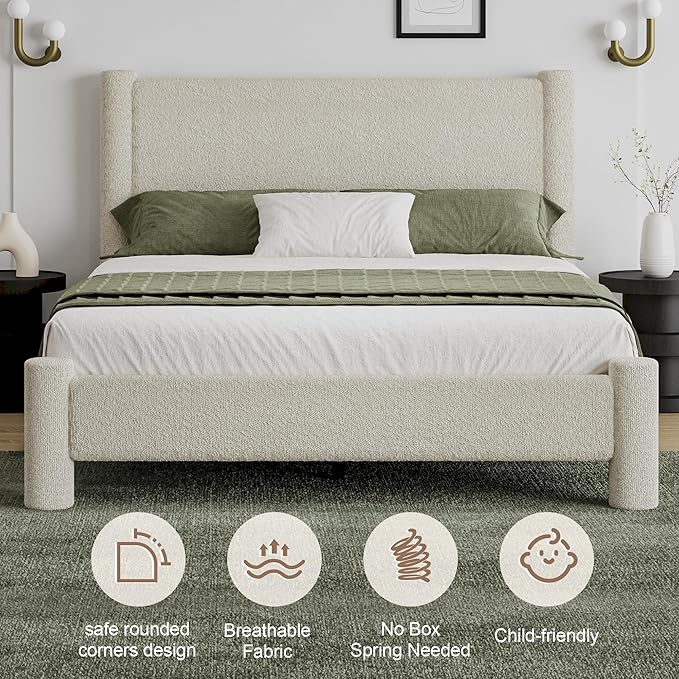 Queen Size Bed Frame, Boucle Upholstered Platform Bed with Headboard and Footboard, Soft Rounded Corners, No Box Spring Required, Easy Assembly, Cream
