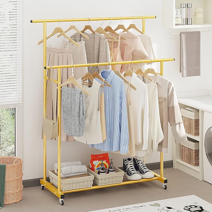 Calmootey Double Rod Clothing Garment Rack,Rolling Hanging Clothes Rack,Portable Clothes Organizer for Bedroom,Living Room,Clothing Store,Gold