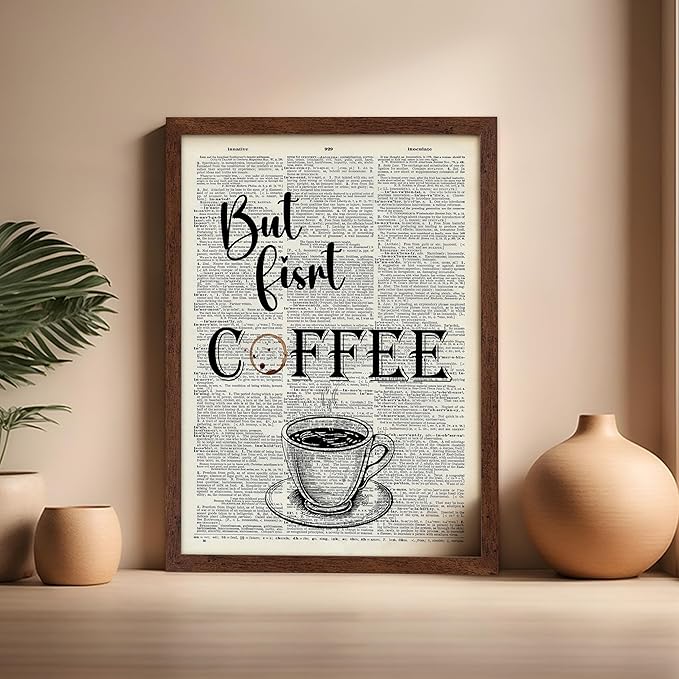 Poster Master Dictionary Art Poster - But First Coffee Print - Cafe Art - Gift for Men, Women, Coffee Lovers & Barista - Funny Decor for Kitchen, Restaurant or Dining Room, 16x20 Brown Framed