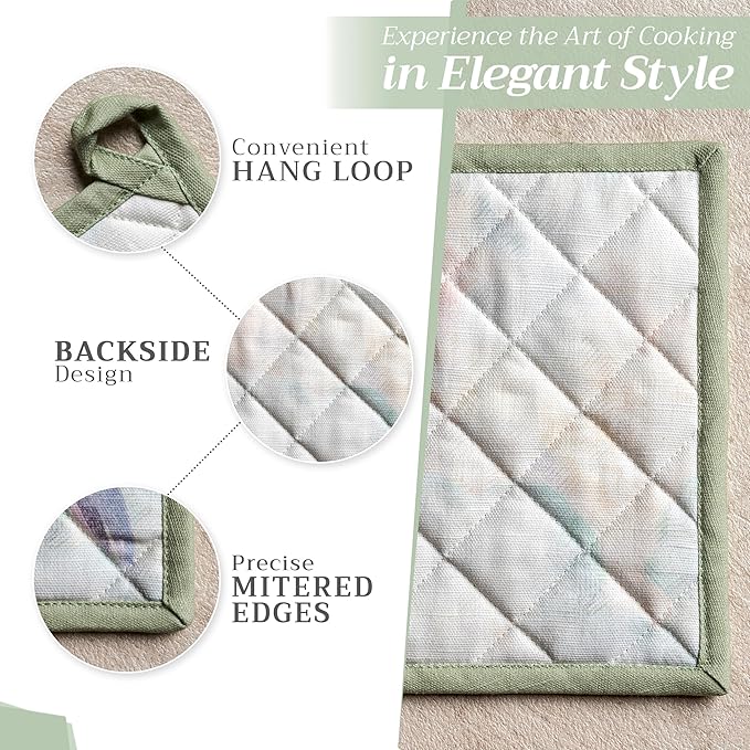 Maison d' Hermine 100% Cotton Oven Mitt & Pot Holder Set (7.5"x13" & 8"x8") Heat Resistant BBQ Cooking Gloves with Loop, Baking, Grilling, Kitchen, Handling Hot Pans Spring/Summer (Flying Birds)