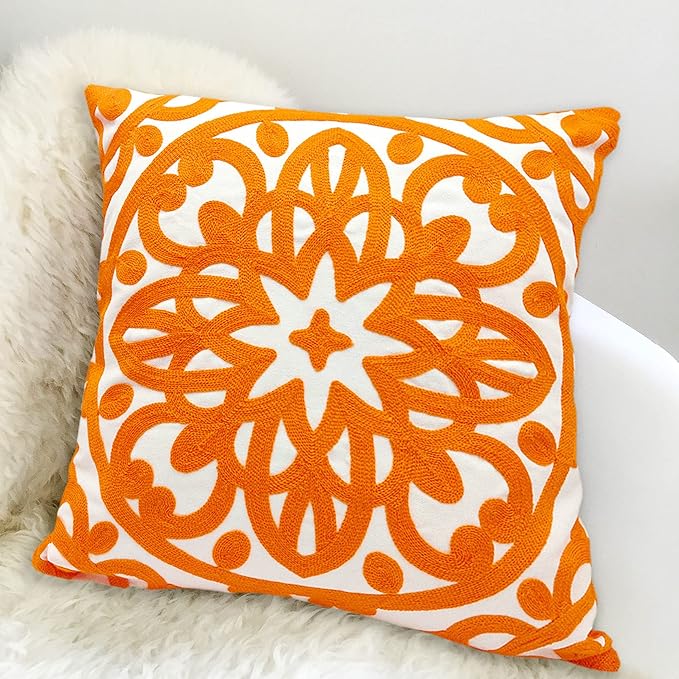Alysheer Embroidered Decorative Throw Pillow Cover 20"x 20", Boho Mandala Modern Thick Embroidery Pattern, Durable Cotton Canvas Soft Cushion Case for Sofa Couch Bed Living Room (Bright Orange)