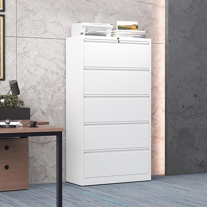 5 Drawer Lateral File Cabinet with Lock, Metal File Cabinets for Home Office, Steel Heavy-Duty Filing Storage Cabinet for Letters/Legal/A4 (Require Assembly, White)