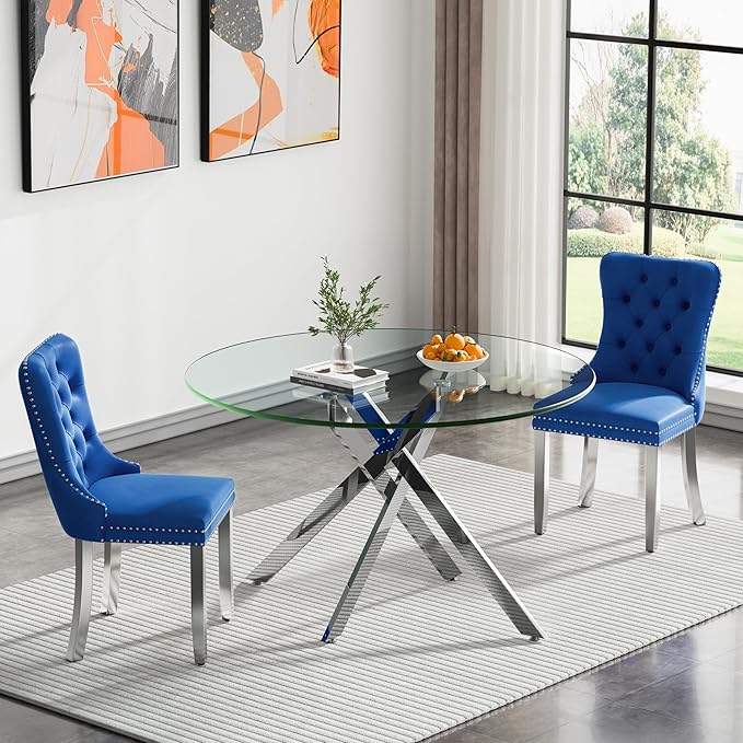Goujxcy 5 Piece Round Glass Dining Table Set for 4, 47" Round Dining Table & Chair Set Modern Circle Glass Kitchen Table and 4 Velvet Upholstered Chairs for Kitchen Dining (Silver Table & Blue Chair)