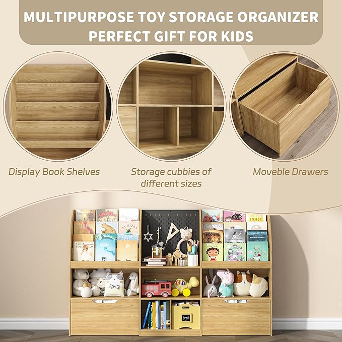 Toy Storage Organizer, Kids Book Shelf and Toy Organizer, 67" Toy Organizers and Storage with Movable Drawers, Playroom Organization and Kids Reading Nook with 5 Storage Cubbies, Natral Wood