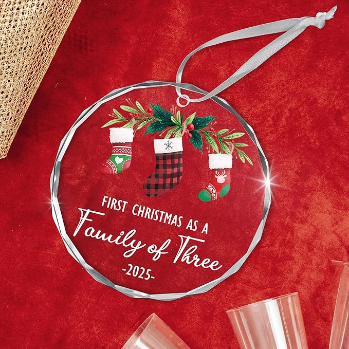 Baby’s First Christmas Ornament 2025 – Christmas Tree Decoration Glass Ornaments - Family of Three Ornament Gifts for New Parents, New Mom Dad Gift, Christmas Tree Decoration Keepsake