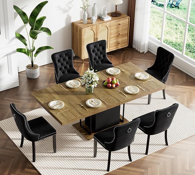 Goujxcy 78.7" Farmhouse Extendable Dining Room Table Set for 6, 7-Piece Rectangle Kitchen Dining Room Table Set with Wood Base and 6 Black Velvet Dining Chairs, Extending Kitchen & Dining Table Set