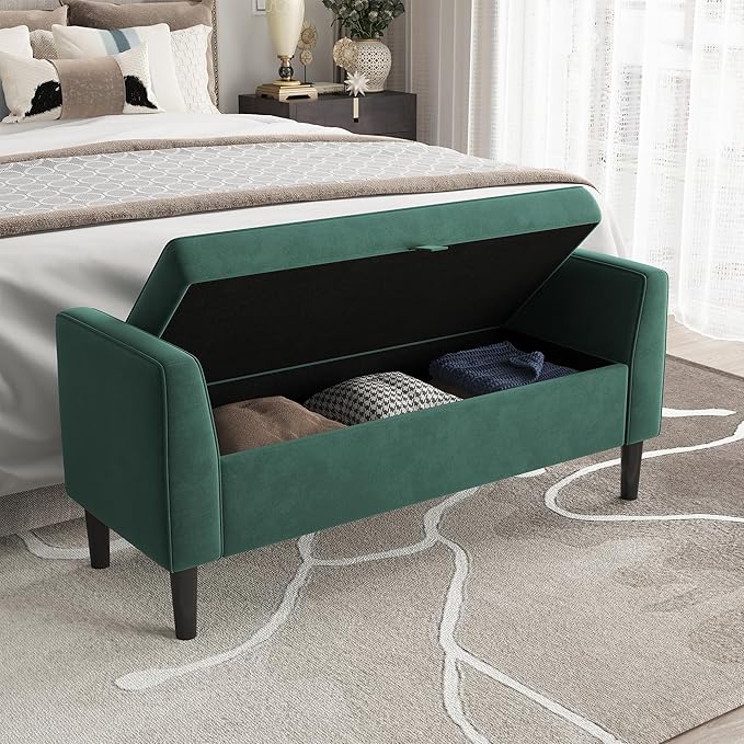 46.5" Storage Ottoman Bench – Upholstered End-of-Bed Storage Chest with Rolled Armrests & Wood Legs, Entryway Shoe Bench and Footrest Seat for Hallway, Bedroom & Living Room & Walk-in Closet (Green)
