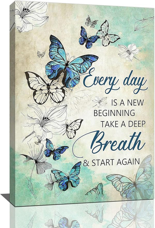 Teal Butterfly Floral Wall Decor - Farmhouse Butterfly Pictures Inspirational Quotes Canvas Prints Artwork Painting Modern Home Decorations For Bathroom Girls Bedroom Living Room