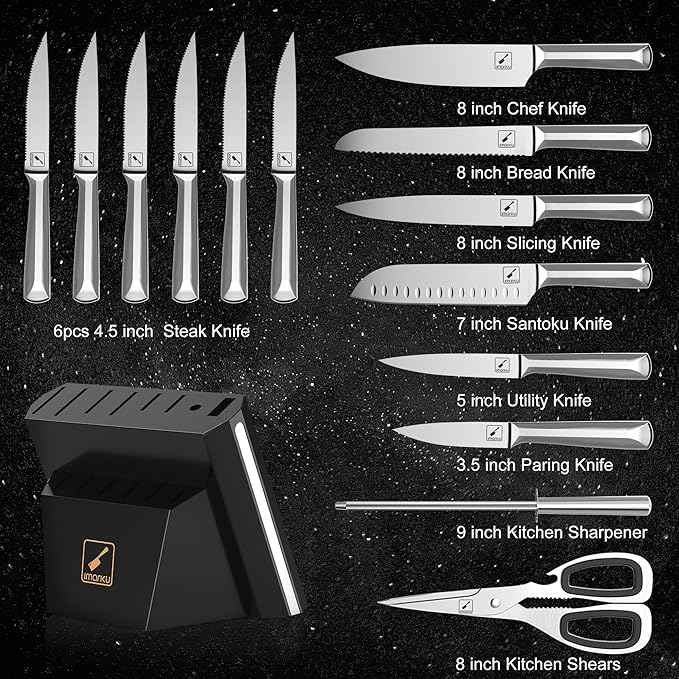 imarku 15 PCS Kitchen Knife Set with Diamond-Shaped Handles Premium German High-Carbon Stainless Steel Chef Knife Set Dishwasher-Safe Kitchen Knives with Block Father's Day Gifts