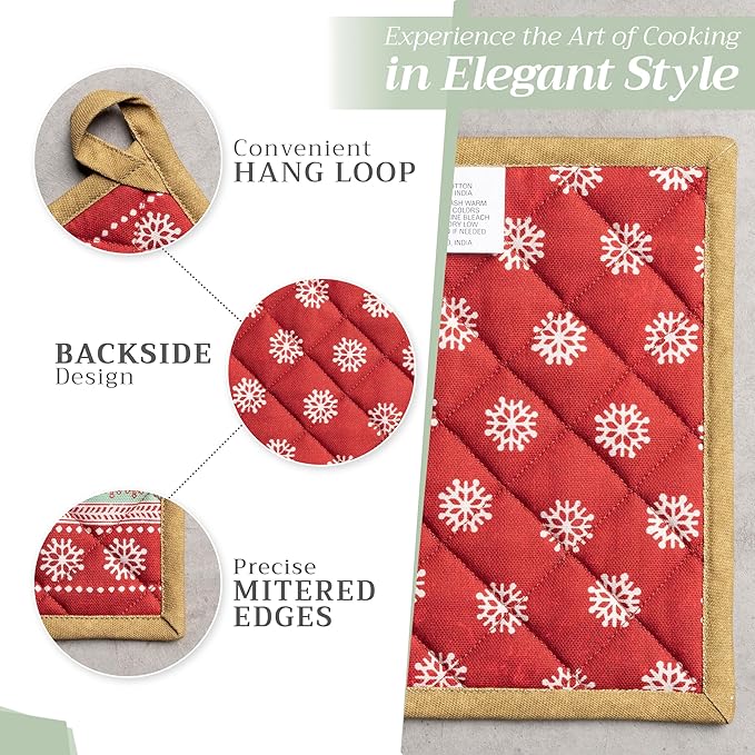 Maison d' Hermine Pot Holders Set 100% Cotton Heat Resistant Potholders 8" x 8" Hot Pads with Loop for Thanksgiving Christmas Decorations BBQ Cooking Baking Handling Hot Pans (Pack of 2, Sofia)