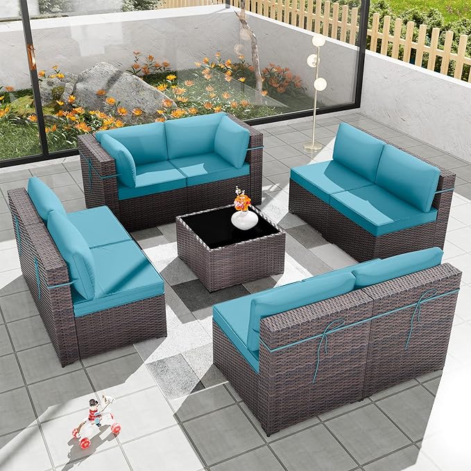 Kurapika 9 Pieces Patio Furniture Set, Rattan Wicker Outdoor Conversation Sets w/4 Inch Cushion and Glass Coffee Table(Blue)