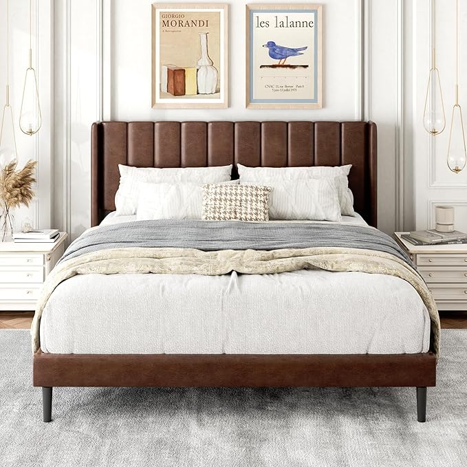 Queen Size Bed Frame with Upholstered Wingback Headboard, Easy Assemnly Platform Bed, Wooden Slat Support No Box Spring Needed, Dark Brown Leather