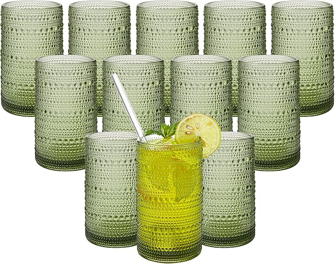 AkutaaVintage Hobnail Drinking Glasses Set of 12, 16 oz Large Capacity Embossed Green Tumblers, Highball Glasses for Water, Cocktail, Beer, Whiskey, Kitchen & Bar Use
