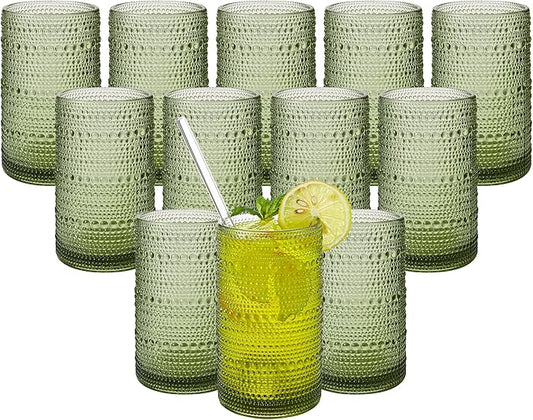 AkutaaVintage Hobnail Drinking Glasses Set of 12, 16 oz Large Capacity Embossed Green Tumblers, Highball Glasses for Water, Cocktail, Beer, Whiskey, Kitchen & Bar Use