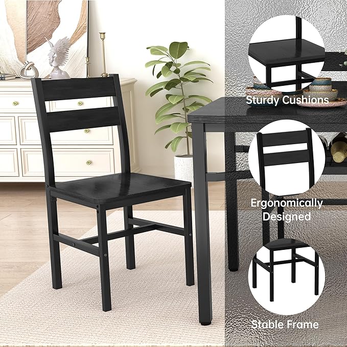 Hooseng Dining Table Set for 4, Wood Kitchen Table Chairs Set with Storage, Farmhouse 5 Piece Dining Room Table Set, Space-Saving Dinette Set for Breakfast Nook, Apartment (Black)