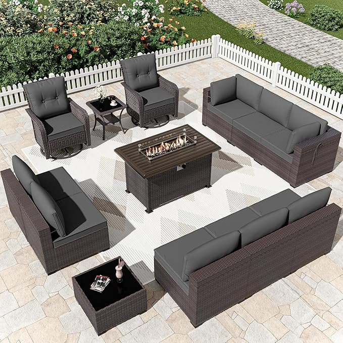 Kurapika 13 Pieces Patio Furniture Set, Rattan Wicker Outdoor Conversation Sets w/43in Propane Fire Pit Table, Swivel Rocking Chairs Patio Sectional Sofa w/4 Inch Cushion, Grey
