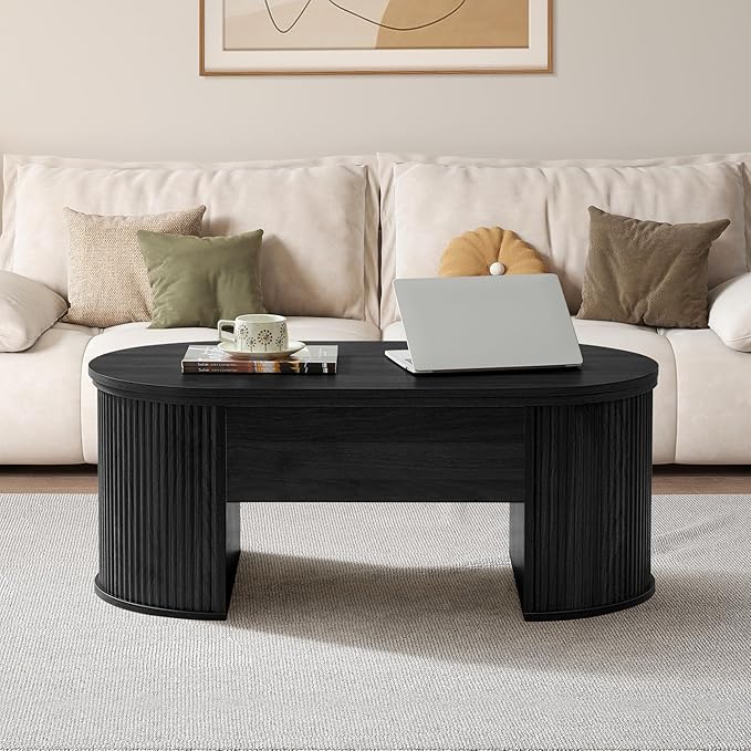 QHITTY Fluted Coffee Table with Lifting Top, Oval Wood Lift Top Coffee Table with Hidden Compartment, Mid Century Pull up Center Tables for Living Room, Office - Black