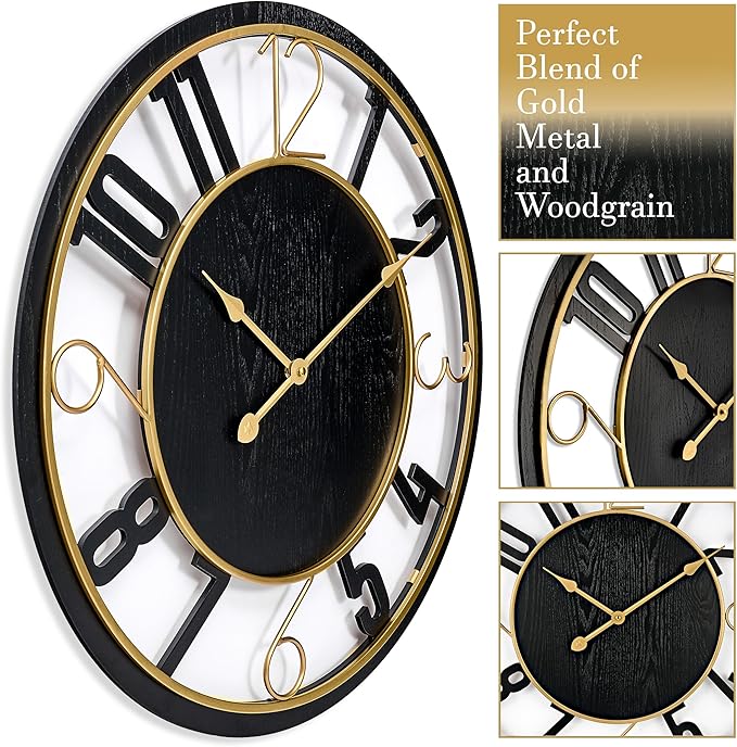Sorbus 24-Inch Large Wall Clock – Wooden Decorative Clock for Living Room, Kitchen, Bedroom, Office – Easy to Hang Analog Wall Art (Black)