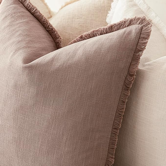 Foindtower Set of 2 Decorative Linen Fringe Throw Pillow Covers Boho Farmhouse Cushion Cover with Tassels Soft Accent Pillowcase for Couch Sofa Bed Living Room Home Decor,22×22 Inch,Dusty Pink