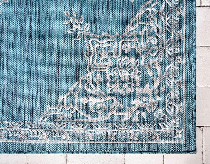 Unique Loom Outdoor Traditional Collection Area Rug - Antique (7' 1" x 10' Rectangle, Teal/ Gray)