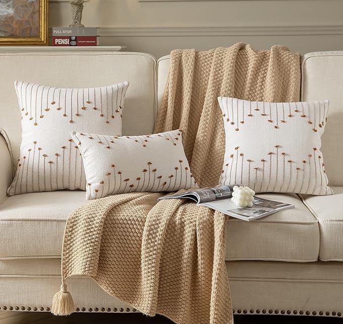 Caflife Boho Throw Pillow Covers 12x20 Set of 2 Decorative Pillows for Bed, Neutral Pillow Covers Beige with Brown Line Throw Pillows for Modern Farmhouse Couch Sofa Living Room Outdoor