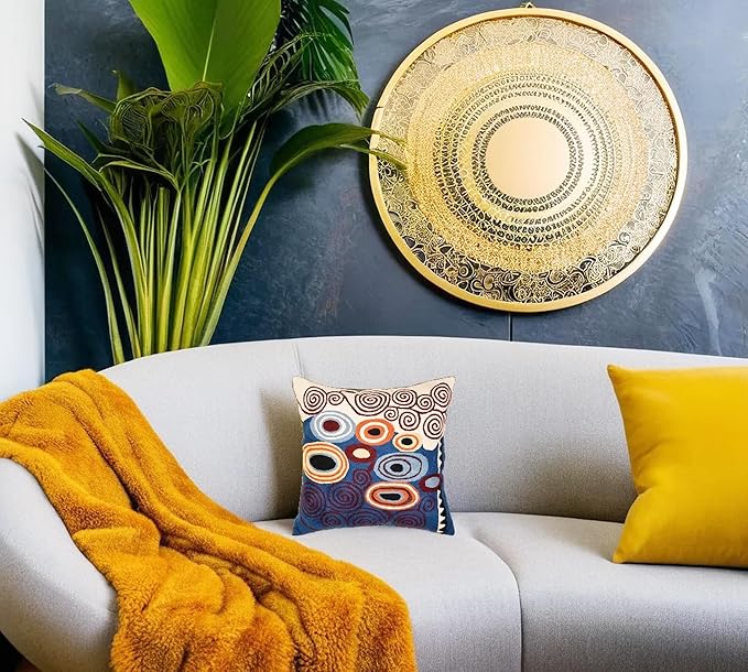 Klimt Blue Decorative Pillow Cover Contemporary Chair Cushion | Modern Blue Sofa Pillowcase | Modern Outdoor Pillows | Mid Century Chair Cushions | Hand Embroidered | Wool Size 18x18