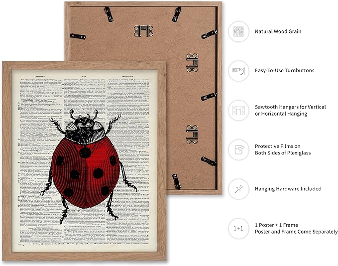 Poster Master Dictionary Art Poster - Retro Ladybug Print - Insect Art - Red Bug Art - Gift for Men, Women & Animal Lover - Minimal Decor for Living Room & Kid's Room, 8x10 Beige Framed