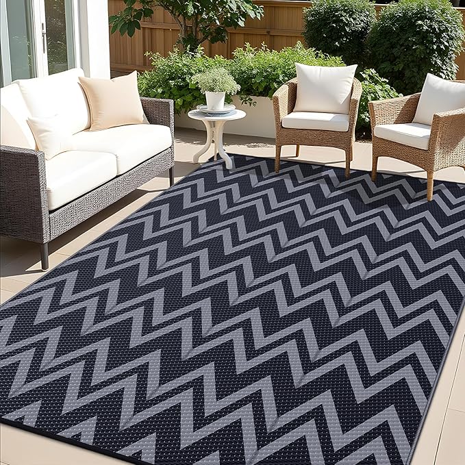OLANLY Waterproof Outdoor Rug 9x12 ft Clearance, Reversible Outdoor Plastic Straw Rug, RV Mat, Indoor Outdoor Carpet for Patio, Camping, Balcony, Deck, Backyard, Black & Grey