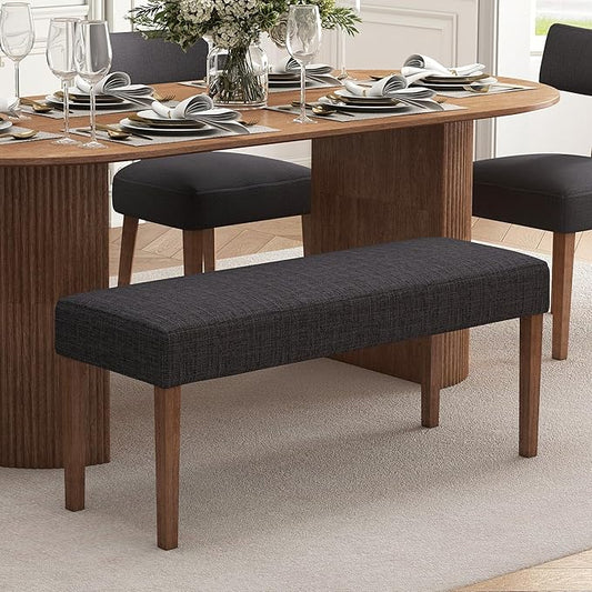 Farmhouse Upholstered Dining Bench Seat, 45" Linen Entryway Bench with Natural Wood Legs, Mid Century Modern End of Bed Bench for Kitchen Bedroom Living Room Hallway, for 2-3 Person, Charcoal